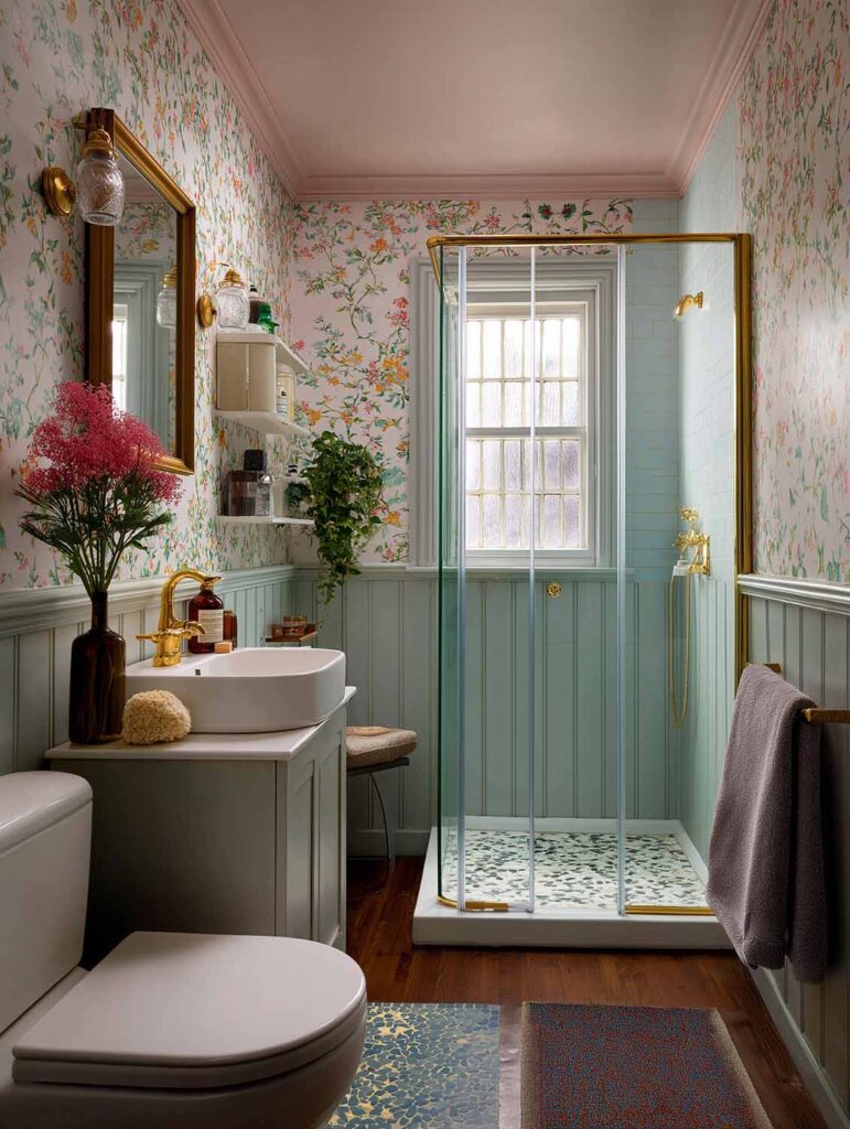Verspieltes Bad im britischen Stil mit floraler Tapete, goldenen Details und Glasdusche.