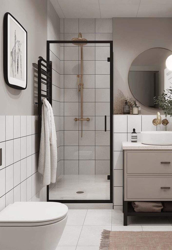 Modernes kleines Bad mit beiger Einrichtung, schwarzer Duschwand und goldenen Armaturen – stilvoll und funktional.