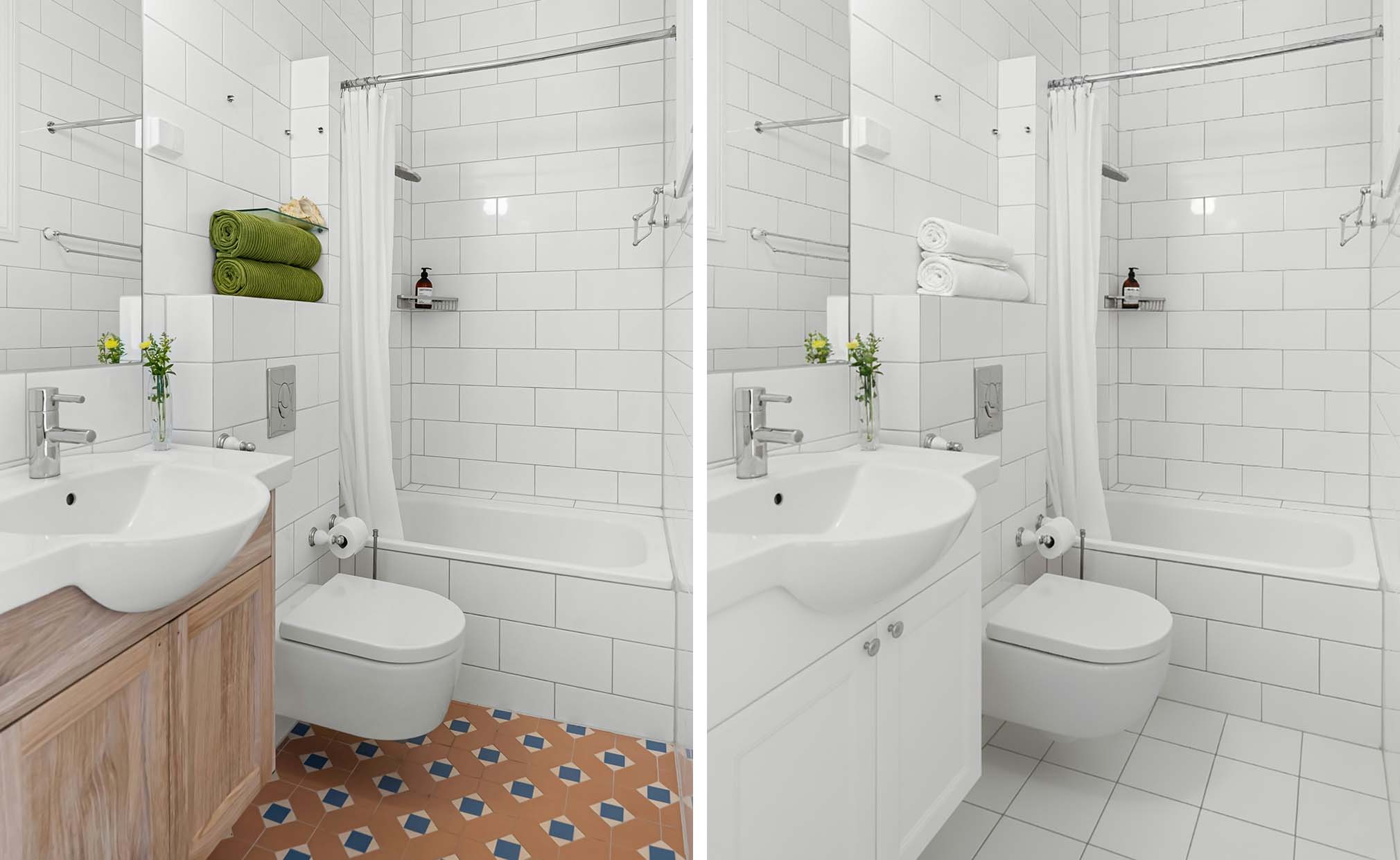 Vergleich: rechts das Bad komplett weiß mit weißen Fliesen, Handtüchern und Waschbeckenunterschrank. Links das selbe Bad mit gemustertem Boden, grünen Handtüchern und holzfarbenem Unterschrank.