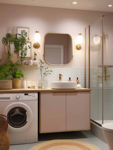 Helles kleines Bad in Pastelltönen mit Pflanzen und Waschmaschine