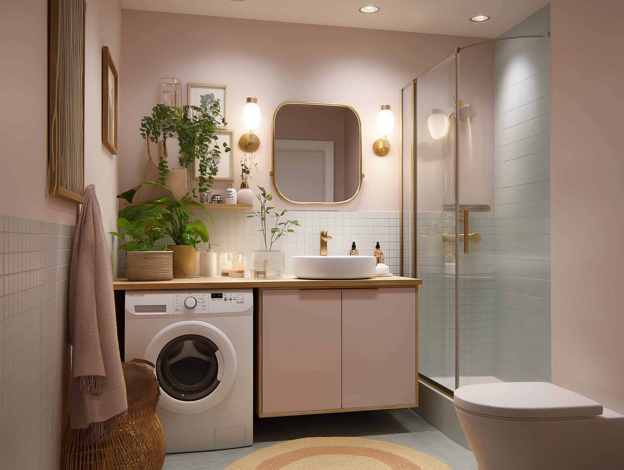Helles kleines Bad in Pastelltönen mit Pflanzen und Waschmaschine