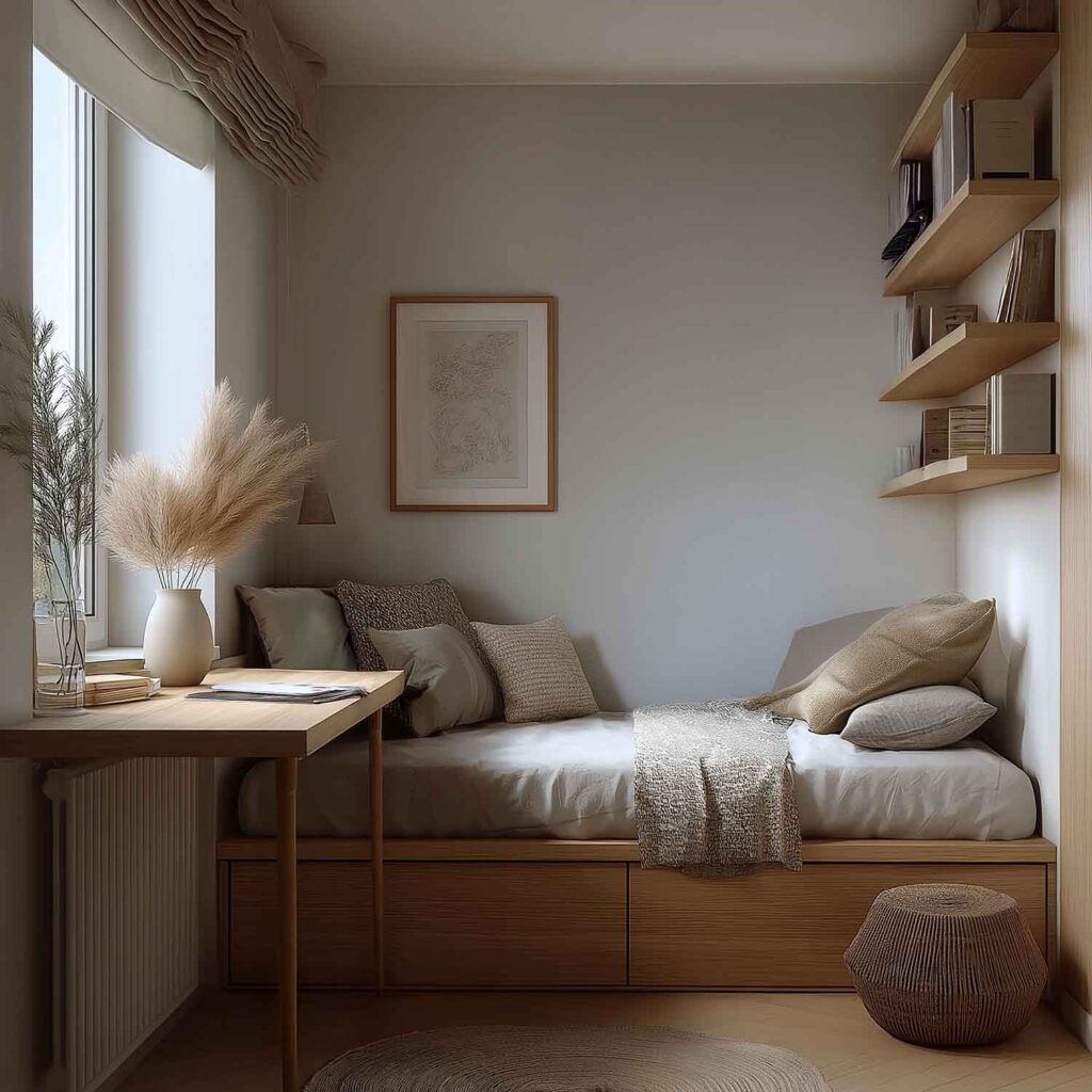 Kleines Schlafzimmer mit Schreibtisch am Fenster, Holzregalen und ruhiger Farbgestaltung in Naturtönen