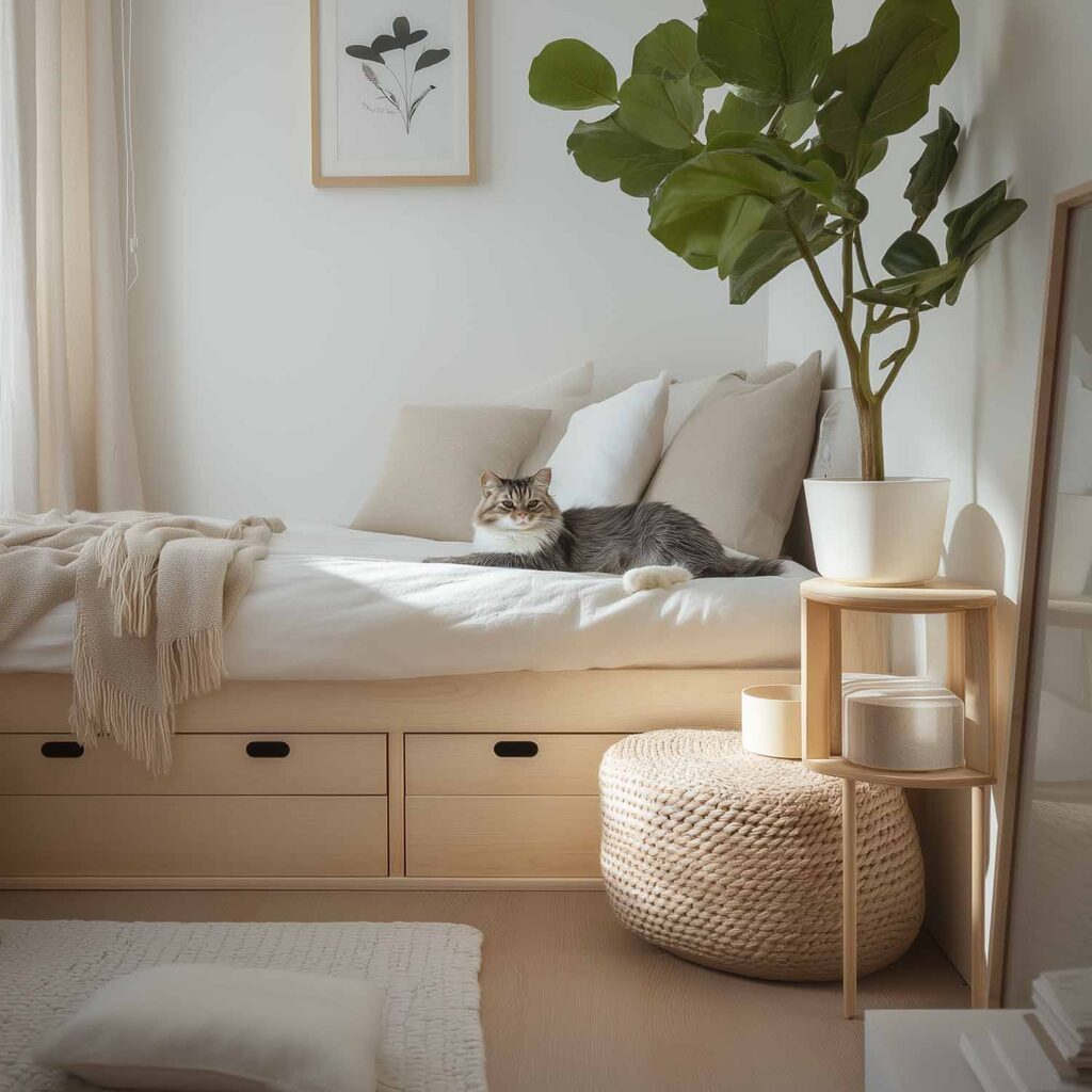 Helles kleines Schlafzimmer mit Stauraumbett, Naturtönen und Katze auf dem Bett für wohnliche Gemütlichkeit
