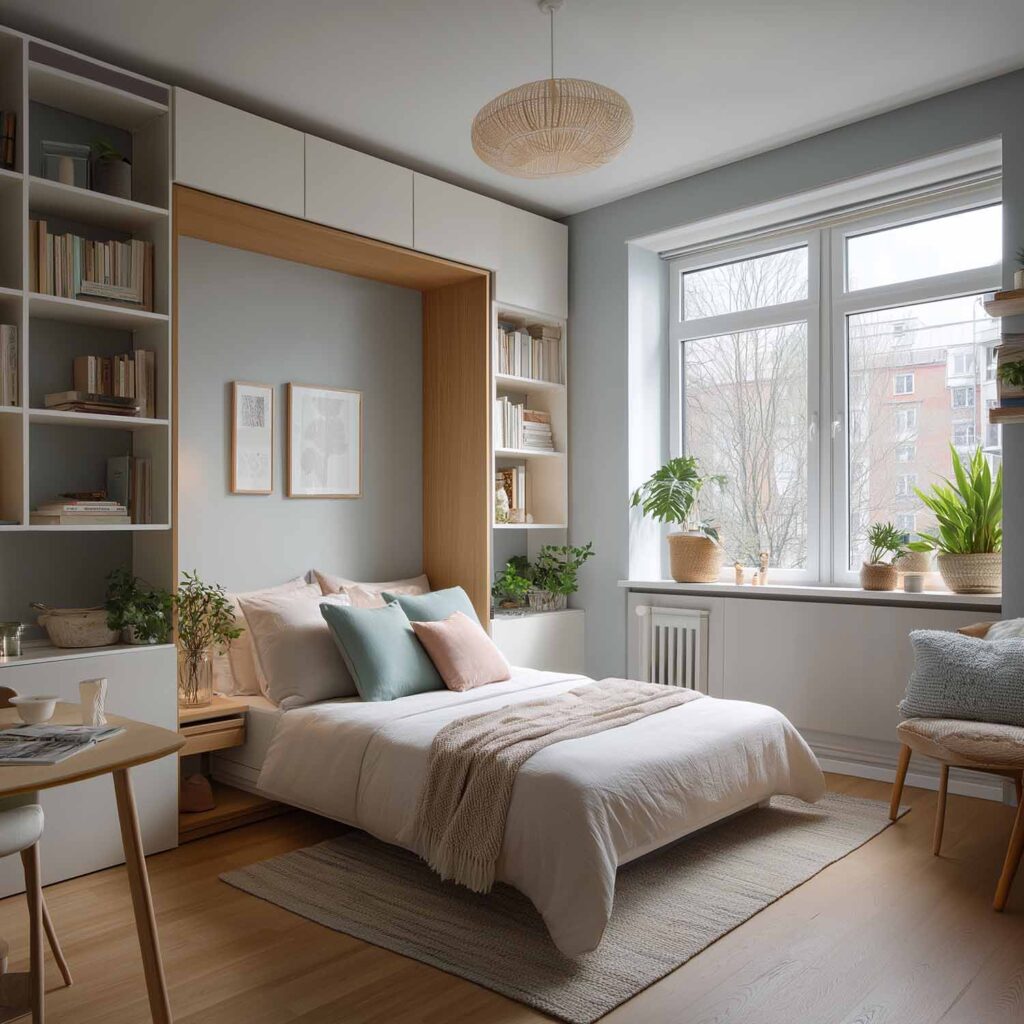 Modernes Wohnzimmer mit offenem Schrankbett mit hellem Holzrahmen zwischen integrierten Regalen