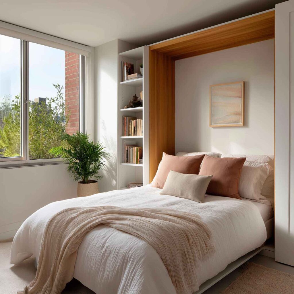 Kompaktes Schlafzimmer mit Schrankbett und offenen Bücherregalen in warmen Farben