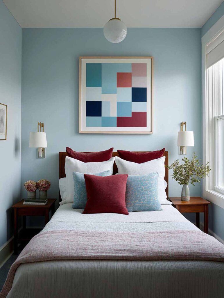 Kleines Schlafzimmer in kühlem Blau mit einem geometrischen Bild an der Wand und farblich abgestimmter Bettwäsche