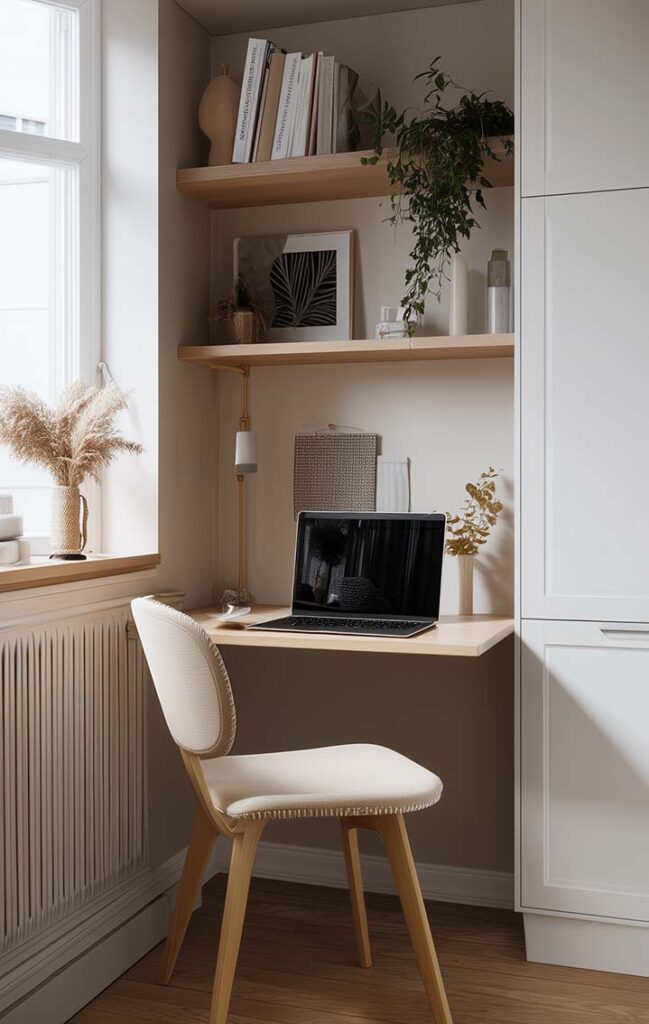 Kleine Arbeitsecke im Schlafzimmer mit Holzregalen, Laptop und natürlichen Materialien