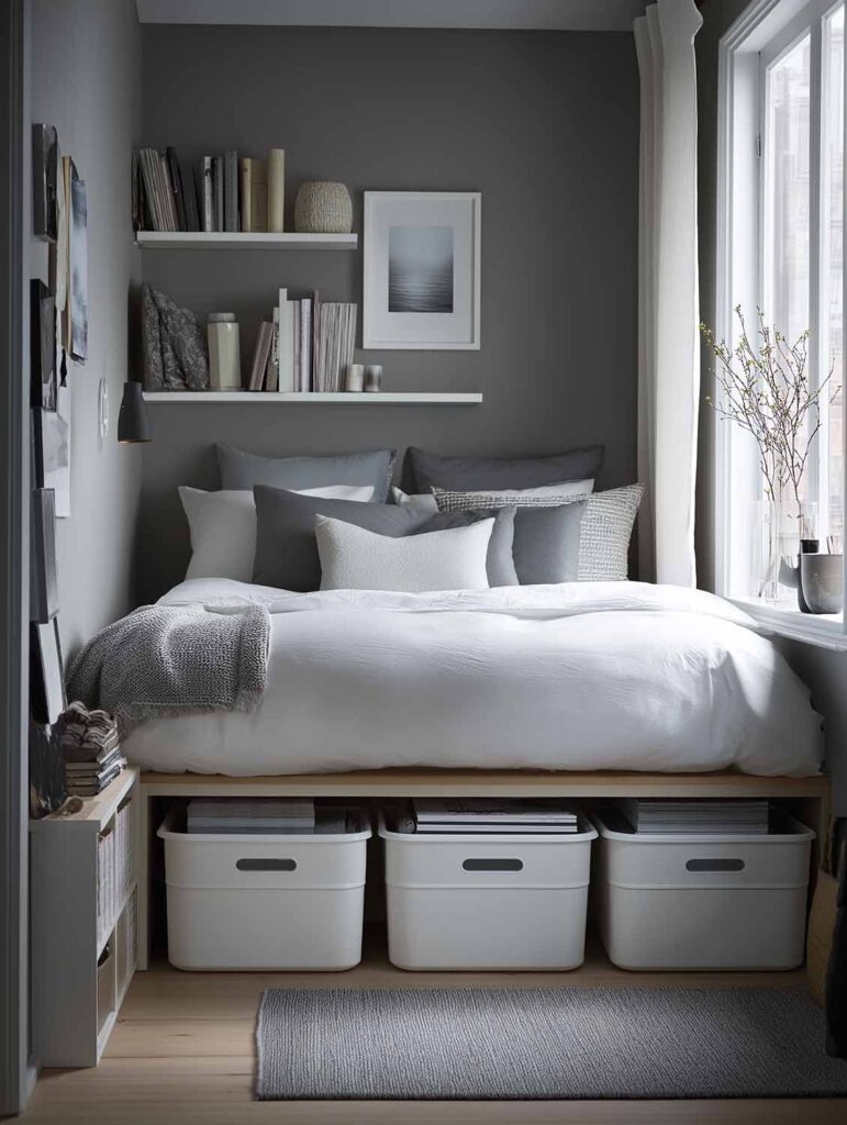 Kompaktes graues Schlafzimmer mit Stauraumbett, Regalen und moderner, minimalistischer Gestaltung