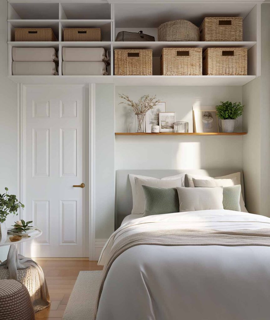 Kleines Schlafzimmer mit Regalen über der Tür für zusätzlichen Stauraum