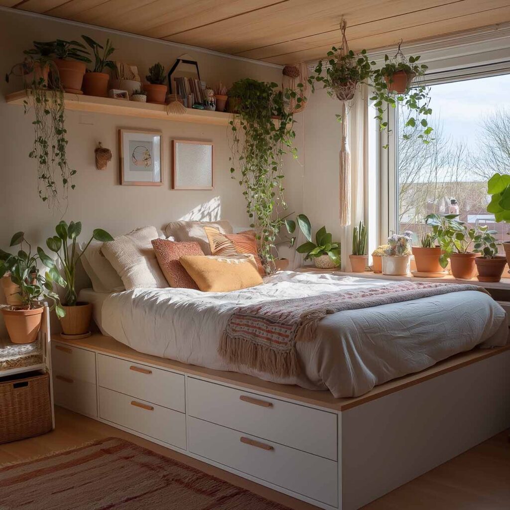 Schlafzimmer mit Stauraumbett und vielen Zimmerpflanzen für ein natürliches, warmes Raumgefühl