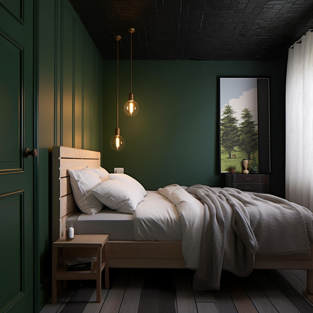Dunkelgrünes Schlafzimmer mit Holzbett, stimmungsvoller Beleuchtung und gemütlicher Atmosphäre