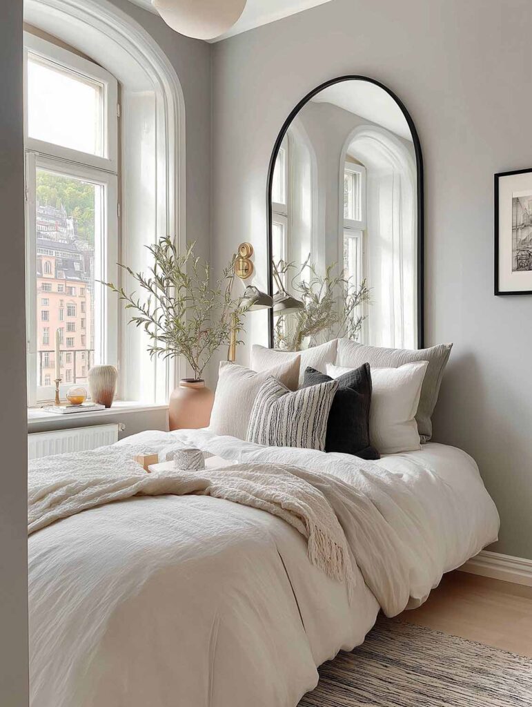 Helles kleines Schlafzimmer mit großem Spiegel über dem Bett