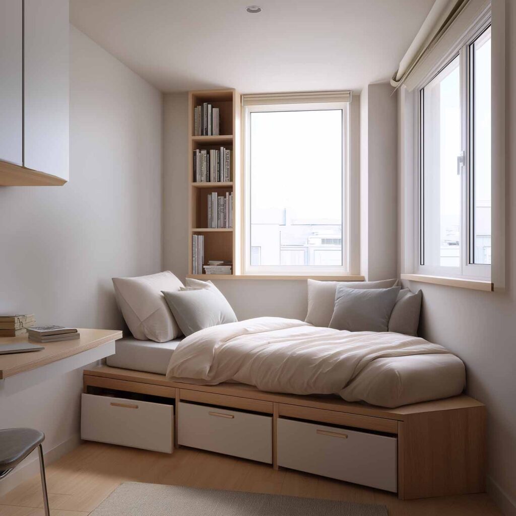 Kompaktes Schlafzimmer mit Stauraumbett und eingebauten Regalen unter dem Fenster