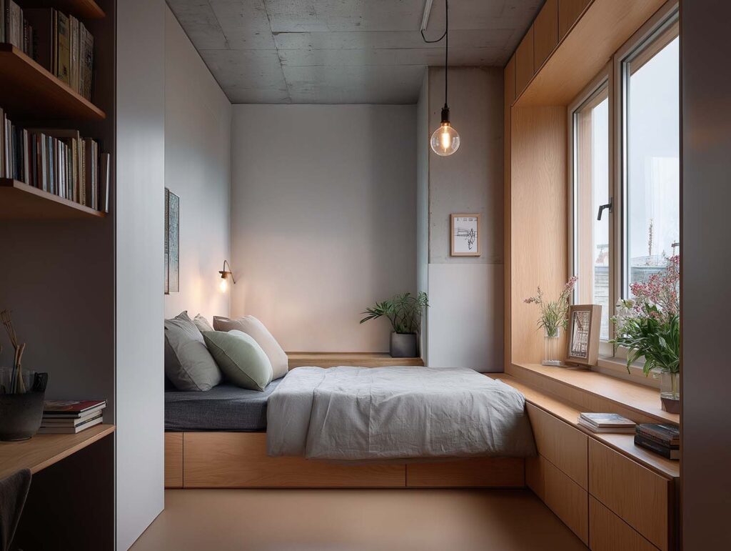 Modernes kleines Schlafzimmer mit Holzrahmen, Einbauten und großen Fenstern für viel Tageslicht