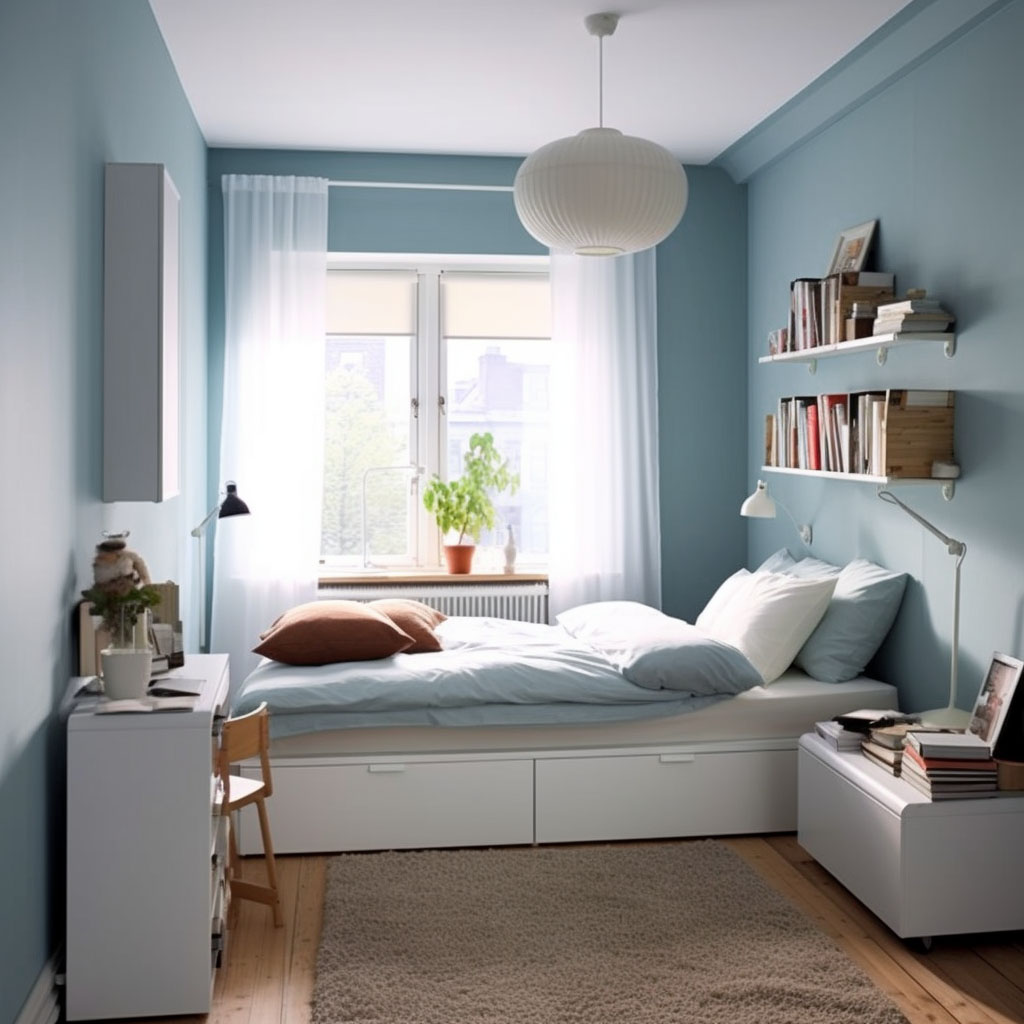 Kleines Schlafzimmer in sanftem Blau mit weißem Bett, Bücherregalen und skandinavischem Stil