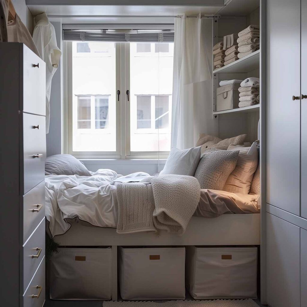 Kompaktes Schlafzimmer mit Stauraumkisten unter dem Bett Bett, Schränken und offenen Regalen in hellen Farben