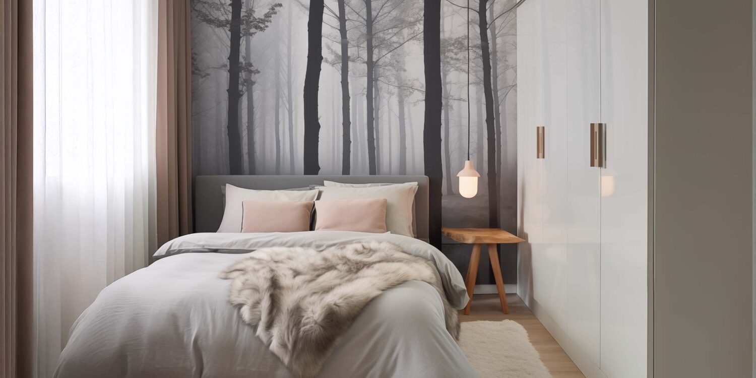 Stilvolles kleines Schlafzimmer mit Waldtapete, hellen Textilien und moderner Einrichtung