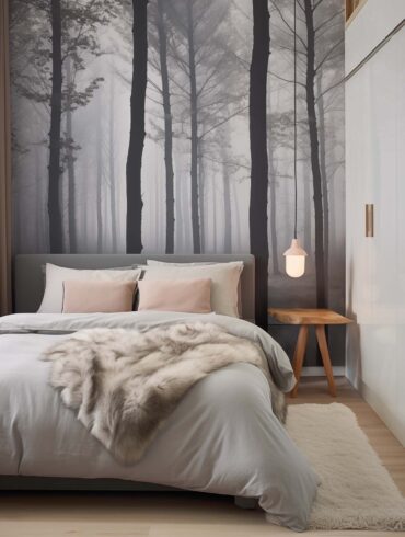 Stilvolles kleines Schlafzimmer mit Waldtapete, hellen Textilien und moderner Einrichtung