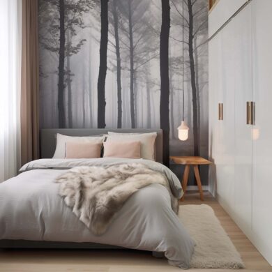 Stilvolles kleines Schlafzimmer mit Waldtapete, hellen Textilien und moderner Einrichtung