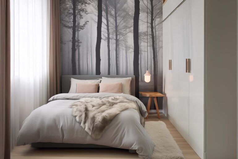 Stilvolles kleines Schlafzimmer mit Waldtapete, hellen Textilien und moderner Einrichtung