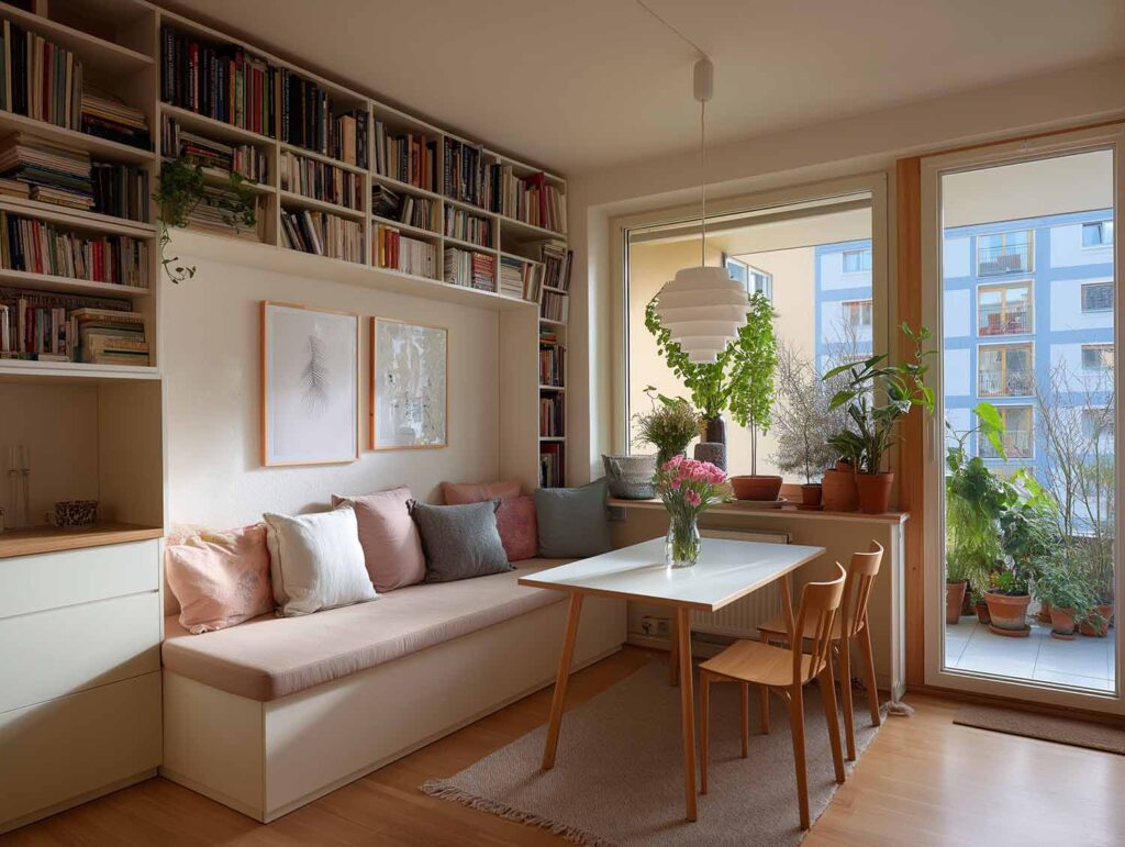 Kleines Wohnzimmer mit integrierter Essecke, Bücherwand, heller Sitzbank und weißem Esstisch, umgeben von Pflanzen und natürlichem Licht.