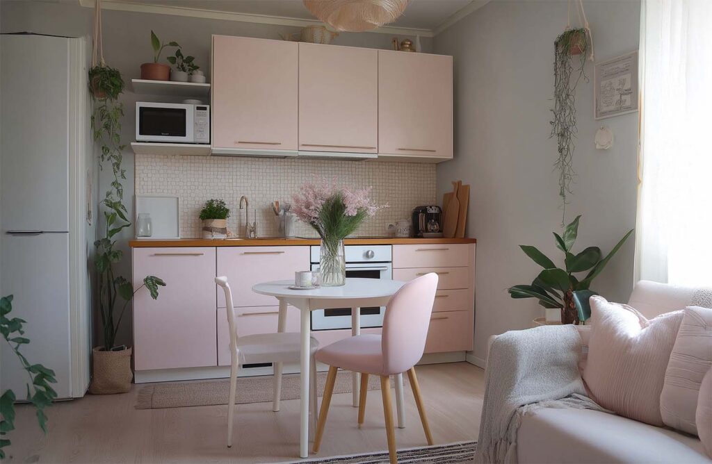 leine Wohnküche in sanften Rosa- und Beigetönen mit rundem Tisch, pinkem Stuhl, Pflanzen und gemütlicher Sofa-Ecke im Hintergrund.