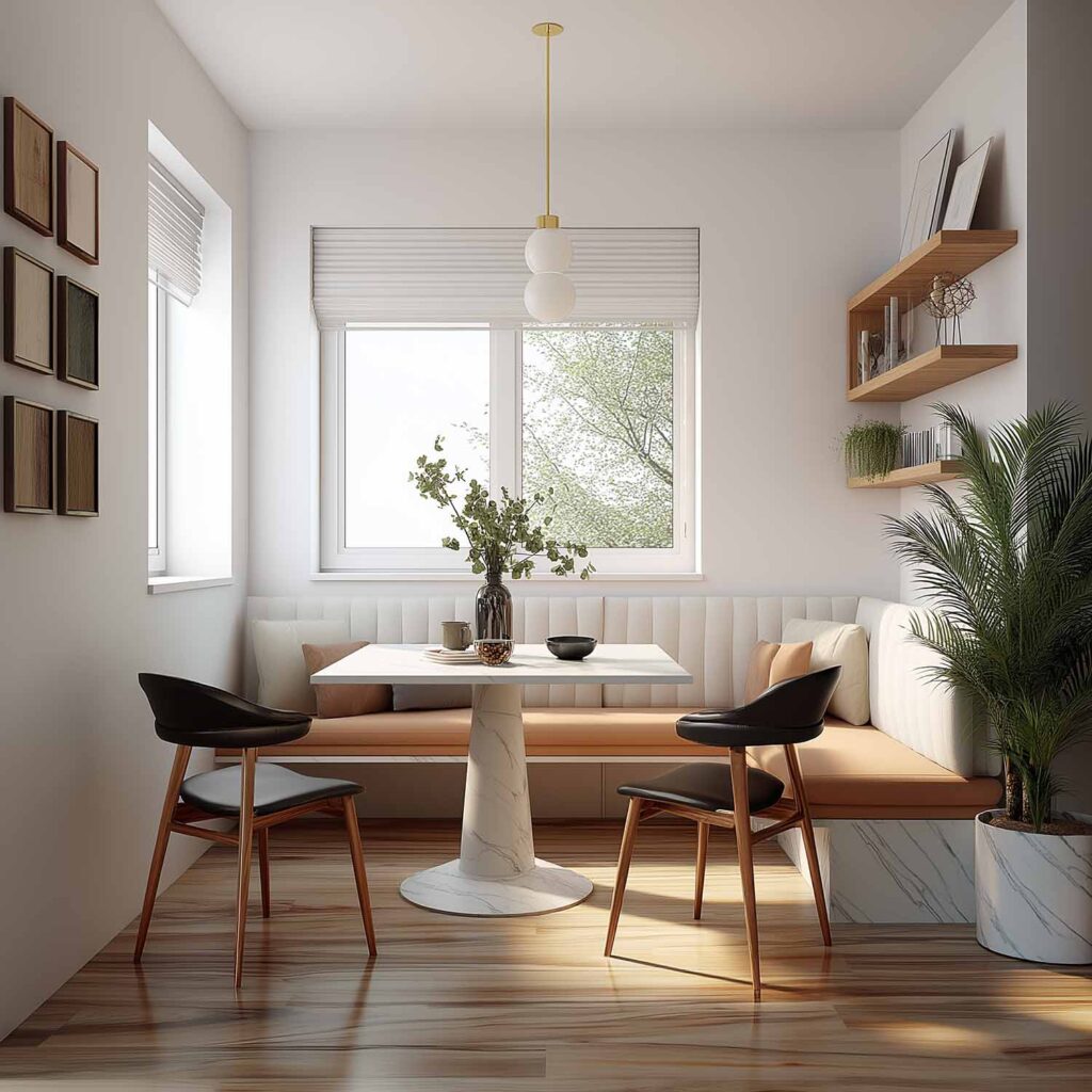 Helle Essecke mit gepolsterter Eckbank, Marmortisch und minimalistischer Dekoration, perfekt für kleine Wohnungen mit viel Tageslicht.