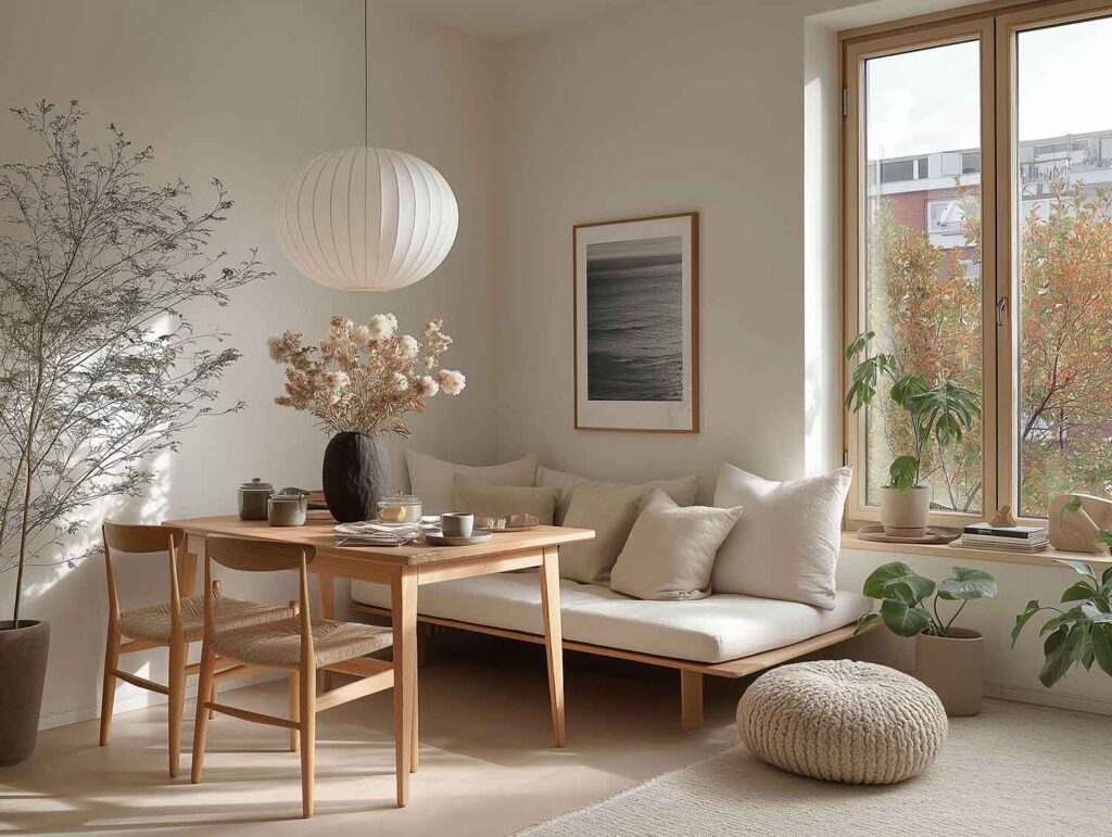 Helle natürliche Essecke mit Holzbank, großem Fenster und Deko aus Trockenblumen – gemütlicher Japandi Stil in Beige und Weiß.