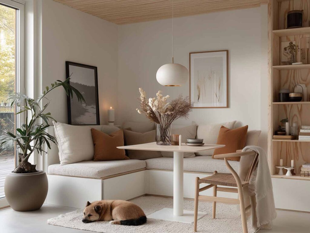 Warme kleine Essecke mit Sitzbank, Holzregalen, Trockenblumen und Hund auf dem Teppich – natürliche Farben und weiche Stoffe.