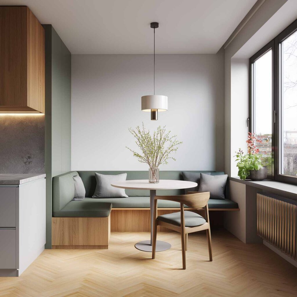 Modern-minimalistische Essecke mit grüner Bank, rundem Tisch und hellen Holzelementen, durch große Fenster lichtdurchflutet.