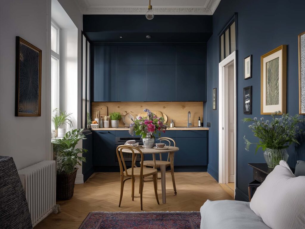 Elegante kleine Küche in Dunkelblau mit Holzrückwand, rundem Esstisch und hellen Stühlen, stilvoll kombiniert mit Pflanzen und Kunst.