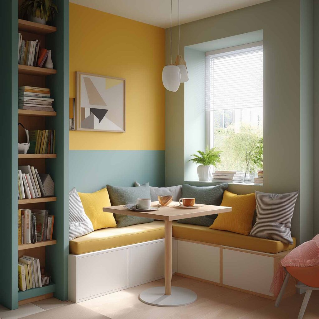 Moderne Essecke mit gelber und mintgrüner Wandfarbe, integrierter Bank mit Stauraum, Holzregal und kleinem runden Esstisch.