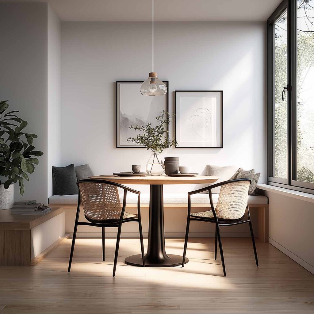 Helles kleines Esszimmer mit Fensterbank-Sitzbank, rundem Holztisch und zwei Stühlen im skandinavischen Stil, schlicht und modern gestaltet.