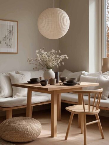 Gemütliche helle Essecke mit Holzbank mit weißen Kissen, und quadratischem Holztisch – natürliche Farben und harmonische Deko im Japandi-Stil.