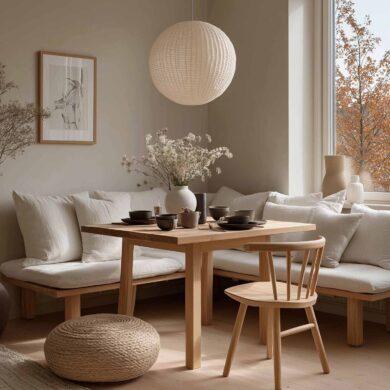 Gemütliche helle Essecke mit Holzbank mit weißen Kissen, und quadratischem Holztisch – natürliche Farben und harmonische Deko im Japandi-Stil.