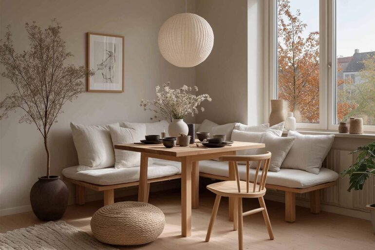 Gemütliche helle Essecke mit Holzbank mit weißen Kissen, und quadratischem Holztisch – natürliche Farben und harmonische Deko im Japandi-Stil.