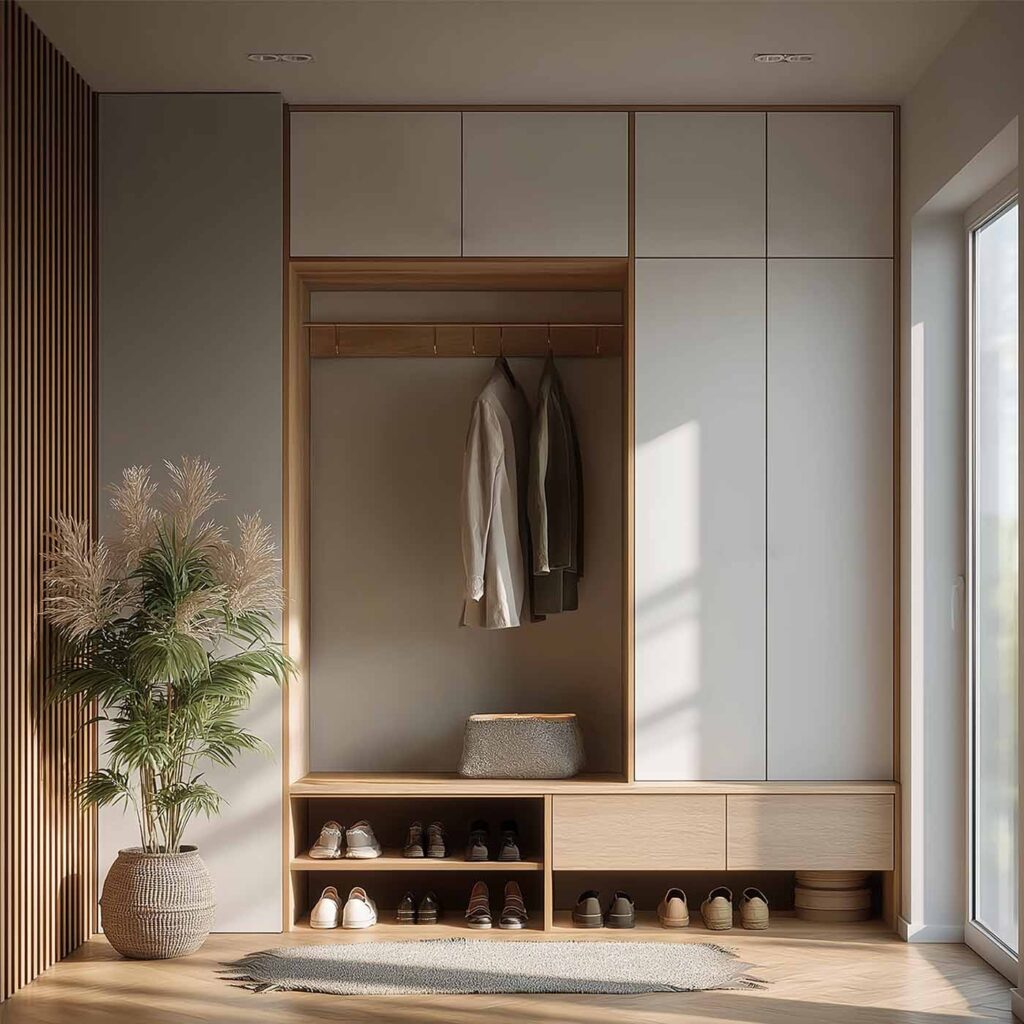 Moderner Flur mit Einbauschränken aus Holz, Sitznische und Pflanzen