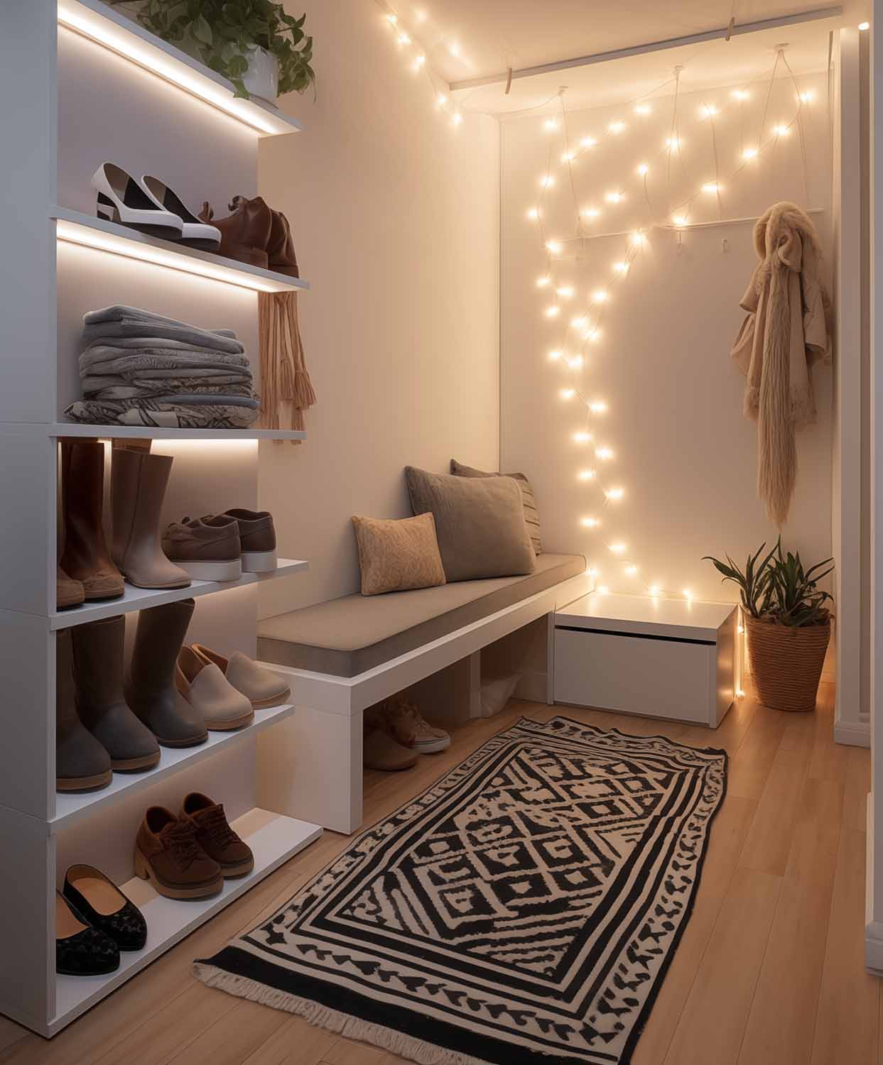 Kleiner Flur mit integrierter Bank, offenen Regalen und stimmungsvoller Beleuchtung