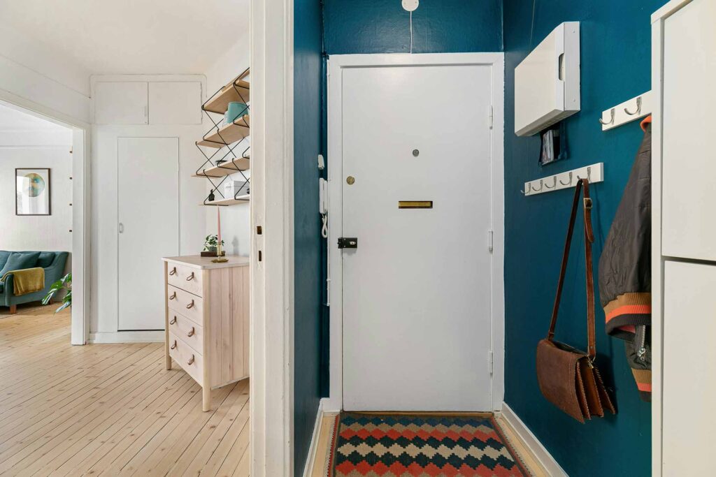 Moderner kleiner Flur mit dunkler Wandfarbe, Holzdetails und heller Tür – inspirierendes Beispiel für Flurgestaltung mit Kontrast.