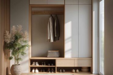 Moderner Flur mit Einbauschränken aus Holz, Sitznische und Pflanzen