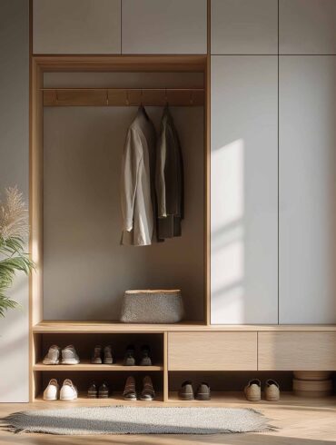 Moderner Flur mit Einbauschränken aus Holz, Sitznische und Pflanzen