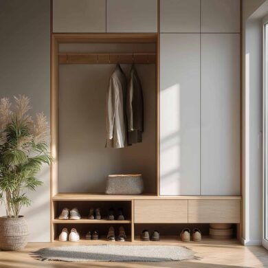 Moderner Flur mit Einbauschränken aus Holz, Sitznische und Pflanzen