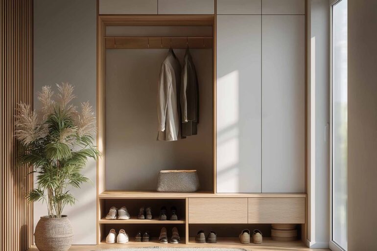 Moderner Flur mit Einbauschränken aus Holz, Sitznische und Pflanzen