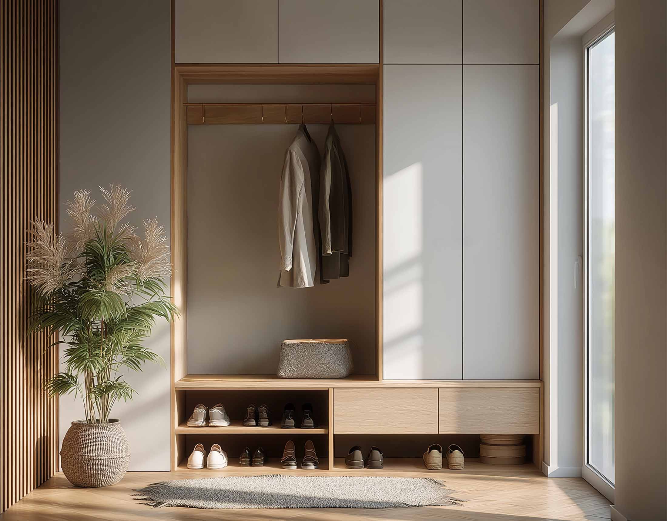 Moderner Flur mit Einbauschränken aus Holz, Sitznische und Pflanzen