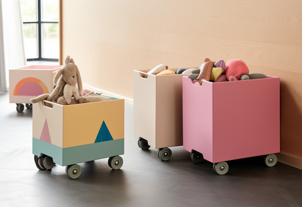 Bunte Aufbewahrungsboxen auf Rollen mit Kuscheltieren im Kinderzimmer