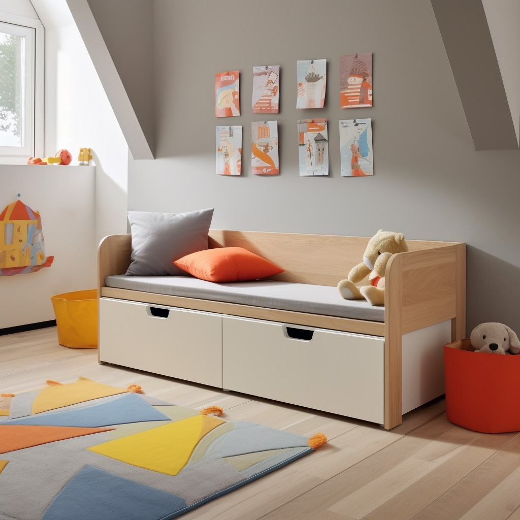 Stauraumbank mit Schubladen und Kissen im kleinen Kinderzimmer
