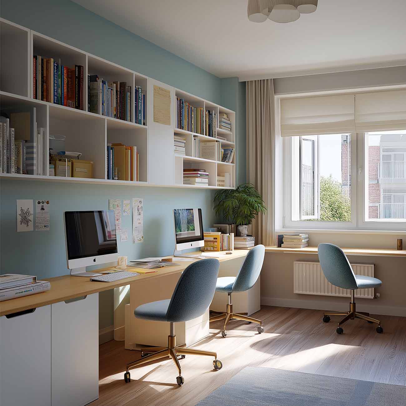 Langer Schreibtisch mit zwei Arbeitsplätzen für Geschwister und einem dritten Arbeitsplatz am Fenster