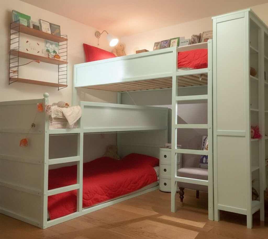 Mintfarbenes Hochbett mit zwei unteren Schlafplätzen und integriertem Stauraum für drei Geschwister