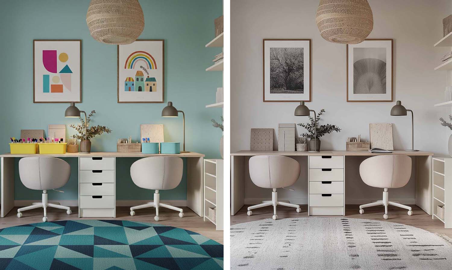 Gegenüberstellung des selben Zimmers einmal mit neutralen und einmal mit bunten Accessoires