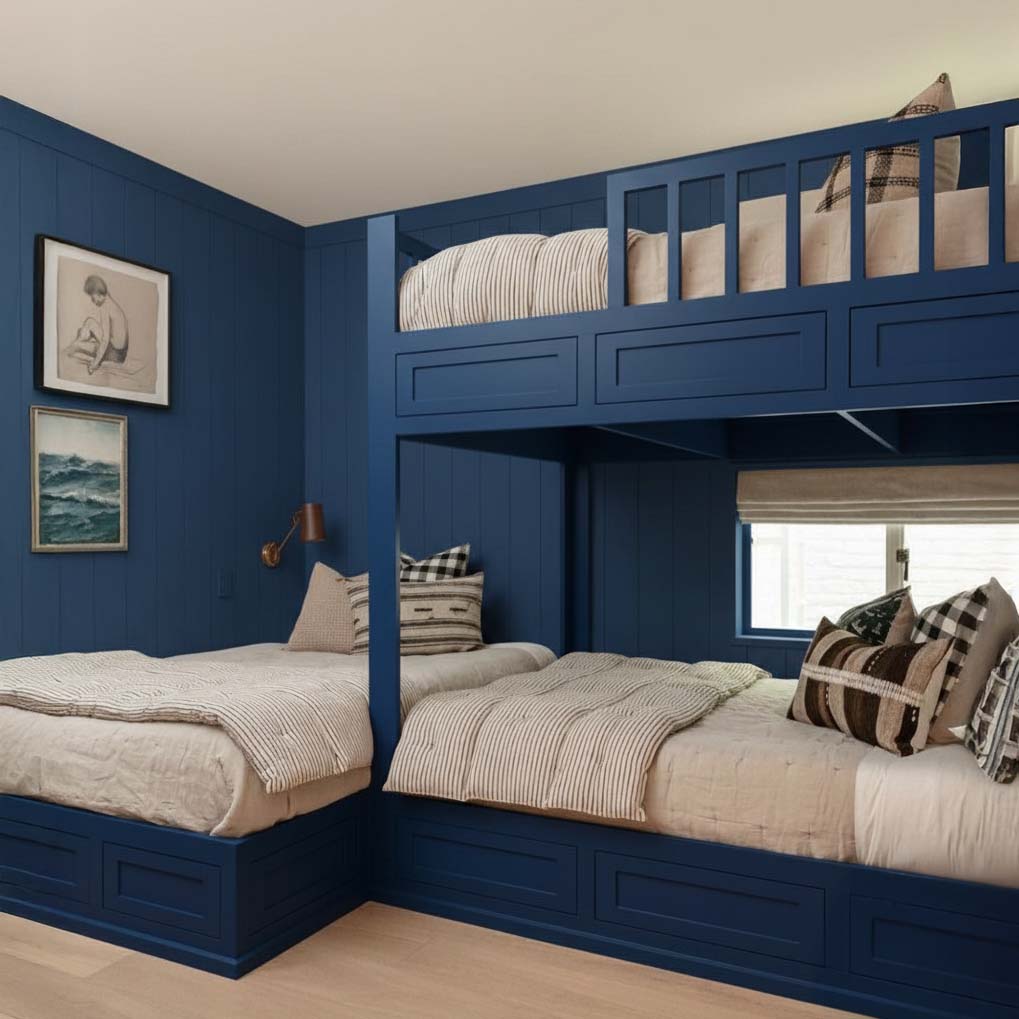 Individuell gebautes Etagenbett für drei Kinder mit integrierten Betten und Stauraum in Dunkelblau